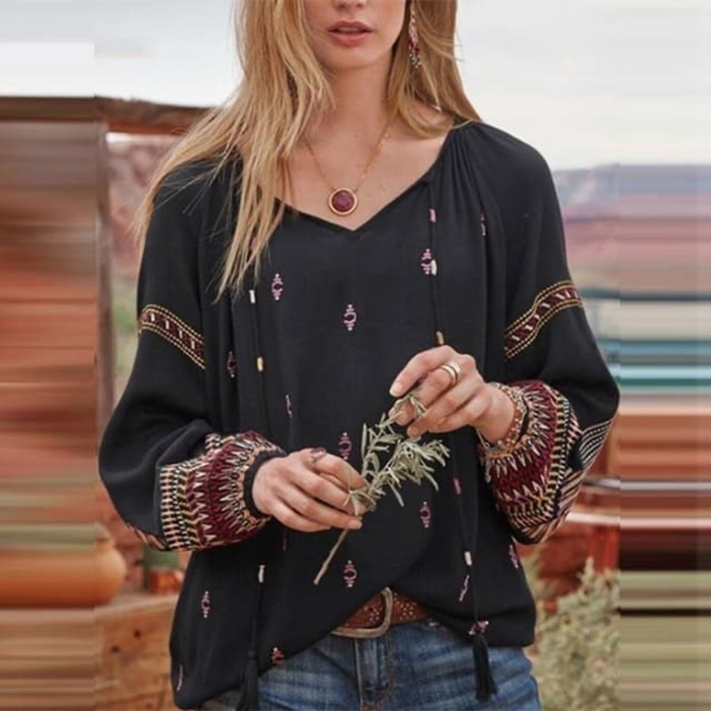 Sundance Black Rayon Embroidered Tassel Tie Long Sleeve Top